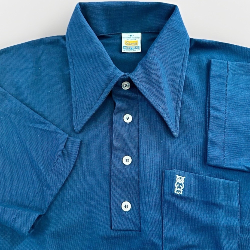 Vintage Grants Polo Shirt Mens Medium Blue Owl Logo Butterfly Collar 60s 70s